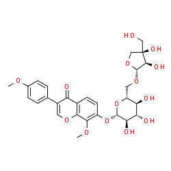 ChemSpider 2D Image | 8-Methoxy-3-(4-methoxyphenyl)-4-oxo-4H-chromen-7-yl 6-O-[(2R,3R,4R)-3,4-dihydroxy-4-(hydroxymethyl)tetrahydro-2-furanyl]-beta-D-glucopyranoside | C28H32O14