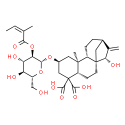 ChemSpider 2D Image | (2beta,5beta,8alpha,9beta,10alpha,13alpha,15alpha)-15-Hydroxy-2-({2-O-[(2Z)-2-methyl-2-butenoyl]-beta-D-glucopyranosyl}oxy)kaur-16-ene-18,19-dioic acid | C31H44O12