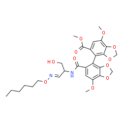 ChemSpider 2D Image | Methyl 5'-({(1E)-1-[(hexyloxy)imino]-3-hydroxy-2-propanyl}carbamoyl)-7,7'-dimethoxy-4,4'-bi-1,3-benzodioxole-5-carboxylate | C28H34N2O11