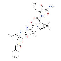 ChemSpider 2D Image | (1R,2S,5S)-N-(4-Amino-1-cyclopropyl-3,4-dioxo-2-butanyl)-3-(N-{[1-(benzylsulfonyl)-2,4-dimethyl-2-pentanyl]carbamoyl}-3-methyl-L-valyl)-6,6-dimethyl-3-azabicyclo[3.1.0]hexane-2-carboxamide | C36H55N5O7S