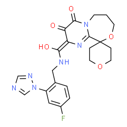ChemSpider 2D Image | (2'E)-2'-[{[4-Fluoro-2-(1H-1,2,4-triazol-1-yl)benzyl]amino}(hydroxy)methylene]-2,3,5,6,7',8'-hexahydro-2'H,6'H-spiro[pyran-4,10'-pyrimido[2,1-c][1,4]oxazepine]-3',4'-dione | C22H23FN6O5