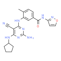 ChemSpider 2D Image | 3-{[2-Amino-5-cyano-6-(cyclopentylamino)-4-pyrimidinyl]amino}-4-methyl-N-(1,2-oxazol-3-yl)benzamide | C21H22N8O2