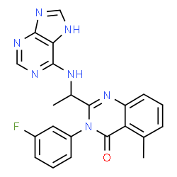 ChemSpider 2D Image | 3-(3-Fluorophenyl)-5-methyl-2-[1-(7H-purin-6-ylamino)ethyl]-4(3H)-quinazolinone | C22H18FN7O