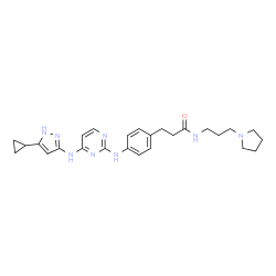 ChemSpider 2D Image | 3-[4-({4-[(5-Cyclopropyl-1H-pyrazol-3-yl)amino]-2-pyrimidinyl}amino)phenyl]-N-[3-(1-pyrrolidinyl)propyl]propanamide | C26H34N8O