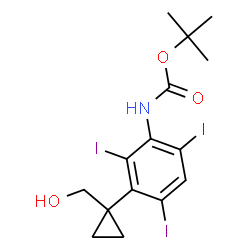 ChemSpider 2D Image | 2-Methyl-2-propanyl {3-[1-(hydroxymethyl)cyclopropyl]-2,4,6-triiodophenyl}carbamate | C15H18I3NO3