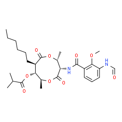 ChemSpider 2D Image | (2R,3S,6S,7R,8R)-3-[(3-Formamido-2-methoxybenzoyl)amino]-8-hexyl-2,6-dimethyl-4,9-dioxo-1,5-dioxonan-7-yl 2-methylpropanoate | C28H40N2O9