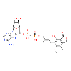 ChemSpider 2D Image | 9-[(2xi)-5-O-{Hydroxy[(hydroxy{[(2E)-4-(4-hydroxy-6-methoxy-7-methyl-3-oxo-1,3-dihydro-2-benzofuran-5-yl)-2-methyl-2-buten-1-yl]oxy}phosphoryl)methyl]phosphoryl}-beta-D-threo-pentofuranosyl]-9H-purin-
6-amine | C26H33N5O13P2