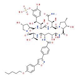 ChemSpider 2D Image | 5-[(1S,2S)-2-{(2R,6S,9S,11R,12R,14aS,15S,16S,20S,25aS)-20-[(1R)-3-Amino-1-hydroxy-3-oxopropyl]-2,11,12,15-tetrahydroxy-6-[(1R)-1-hydroxyethyl]-16-methyl-5,8,14,19,22,25-hexaoxo-9-[(4-{5-[4-(pentyloxy)
phenyl]-1,2-oxazol-3-yl}benzoyl)amino]tetracosahydro-1H-dipyrrolo[2,1-c:2',1'-l][1,4,7,10,13,16]hexaazacyclohenicosin-23-yl}-1,2-dihydroxyethyl]-2-hydroxyphenyl hydrogen sulfate | C56H71N9O23S