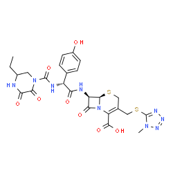 ChemSpider 2D Image | (6R,7R)-7-{[(2R)-2-{[(5-Ethyl-2,3-dioxo-1-piperazinyl)carbonyl]amino}-2-(4-hydroxyphenyl)acetyl]amino}-3-{[(1-methyl-1H-tetrazol-5-yl)sulfanyl]methyl}-8-oxo-5-thia-1-azabicyclo[4.2.0]oct-2-ene-2-carbo
xylic acid | C25H27N9O8S2