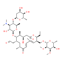 ChemSpider 2D Image | [(2S,3R,4E,6E,9R,11R,12S,13S,14R)-12-{[3,6-Dideoxy-4-O-(2,6-dideoxy-alpha-L-ribo-hexopyranosyl)-3-(dimethylamino)-beta-D-glucopyranosyl]oxy}-2-ethyl-14-hydroxy-5,9,13-trimethyl-8,16-dioxo-11-(2-oxoeth
yl)oxacyclohexadeca-4,6-dien-3-yl]methyl 6-deoxy-2,3-di-O-methyl-beta-D-allopyranoside | C45H75NO17