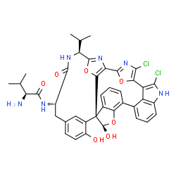 ChemSpider 2D Image | N-[(10S,13S,20R,21R)-3,35-Dichloro-18,21-dihydroxy-10-isopropyl-12-oxo-8,22,39-trioxa-4,11,34,38-tetraazanonacyclo[27.6.1.1~2,5~.1~6,9~.1~15,19~.0~7,20~.0~20,24~.0~23,28~.0~33,36~]nonatriaconta-1(35),
2,4,6,9(38),15(37),16,18,23,25,27,29(36),30,32-tetradecaen-13-yl]-L-valinamide | C40H36Cl2N6O7