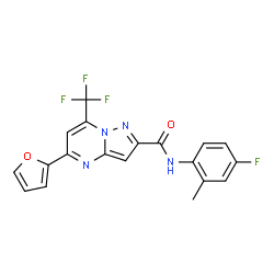 ChemSpider 2D Image | N-(4-Fluoro-2-methylphenyl)-5-(2-furyl)-7-(trifluoromethyl)pyrazolo[1,5-a]pyrimidine-2-carboxamide | C19H12F4N4O2