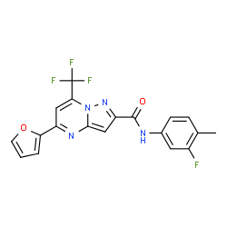 ChemSpider 2D Image | N-(3-Fluoro-4-methylphenyl)-5-(2-furyl)-7-(trifluoromethyl)pyrazolo[1,5-a]pyrimidine-2-carboxamide | C19H12F4N4O2