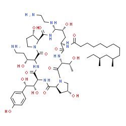 ChemSpider 2D Image | (10R,12S)-N-{(2R,6R,9R,11R,12S,14aS,15S,20S,23S,25aS)-12-[(2-Aminoethyl)amino]-20-[(1R)-3-amino-1-hydroxypropyl]-23-[(1S,2S)-1,2-dihydroxy-2-(4-hydroxyphenyl)ethyl]-2,11,15-trihydroxy-6-[(1R)-1-hydrox
yethyl]-5,8,14,19,22,25-hexaoxotetracosahydro-1H-dipyrrolo[2,1-c:2',1'-l][1,4,7,10,13,16]hexaazacyclohenicosin-9-yl}-10,12-dimethyltetradecanamide | C52H88N10O15