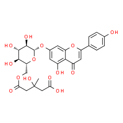 ChemSpider 2D Image | 5-Hydroxy-2-(4-hydroxyphenyl)-4-oxo-4H-chromen-7-yl 6-O-(4-carboxy-3-hydroxy-3-methylbutanoyl)-beta-D-glucopyranoside | C27H28O14