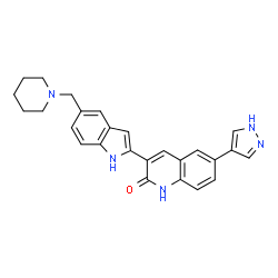 ChemSpider 2D Image | 3-[5-(1-Piperidinylmethyl)-1H-indol-2-yl]-6-(1H-pyrazol-4-yl)-2(1H)-quinolinone | C26H25N5O