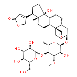 ChemSpider 2D Image | (3beta,5beta)-3-{[6-Deoxy-4-O-(beta-D-glucopyranosyl)-3-O-methyl-alpha-L-glucopyranosyl]oxy}-14-hydroxy-19-oxocard-20(22)-enolide | C36H54O14