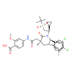 ChemSpider 2D Image | 4-({[(3S,5S,6R)-6-(4-Chloro-3-fluorophenyl)-5-(3-chlorophenyl)-1-{(1R)-1-cyclopropyl-2-[(2-methyl-2-propanyl)sulfonyl]ethyl}-3-methyl-2-oxo-3-piperidinyl]acetyl}amino)-2-methoxybenzoic acid | C37H41Cl2FN2O7S