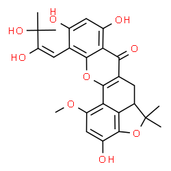 ChemSpider 2D Image | 11-[(1E)-2,3-Dihydroxy-3-methyl-1-buten-1-yl]-3,8,10-trihydroxy-1-methoxy-5,5-dimethyl-5a,6-dihydro-5H,7H-[1]benzofuro[3,4-bc]xanthen-7-one | C26H26O9