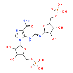 ChemSpider 2D Image | [5-[4-carbamoyl-5-[[3,4-dihydroxy-5-(phosphonooxymethyl)tetrahydrofuran-2-yl]iminomethylamino]imidazol-1-yl]-3,4-dihydroxy-tetrahydrofuran-2-yl]methyl dihydrogen phosphate | C15H25N5O15P2