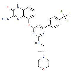 ChemSpider 2D Image | 3-Amino-5-[(2-{[2-methyl-2-(4-morpholinyl)propyl]amino}-6-[4-(trifluoromethyl)phenyl]-4-pyrimidinyl)oxy]-2(1H)-quinoxalinone | C27H28F3N7O3