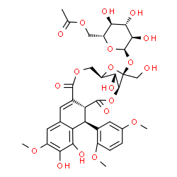 ChemSpider 2D Image | (1S,4R,5S,17R,19S,20R)-5-(2,5-Dimethoxyphenyl)-7,8,20-trihydroxy-19-(hydroxymethyl)-9-methoxy-3,14-dioxo-2,15,18-trioxatetracyclo[15.2.1.0~4,13~.0~6,11~]icosa-6,8,10,12-tetraen-19-yl 6-O-acetyl-alpha-
D-glucopyranoside | C35H40O19