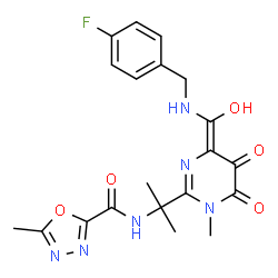 ChemSpider 2D Image | N-{2-[(4E)-4-{[(4-Fluorobenzyl)amino](hydroxy)methylene}-1-methyl-5,6-dioxo-1,4,5,6-tetrahydro-2-pyrimidinyl]-2-propanyl}-5-methyl-1,3,4-oxadiazole-2-carboxamide | C20H21FN6O5