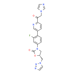 ChemSpider 2D Image | (5R)-3-{3-Fluoro-4-[6-(1H-imidazol-1-ylacetyl)-3-pyridinyl]phenyl}-5-(1H-1,2,3-triazol-1-ylmethyl)-1,3-oxazolidin-2-one | C22H18FN7O3