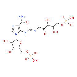 ChemSpider 2D Image | [5-[4-carbamoyl-5-[[(E)-(3,4-dihydroxy-2-oxo-5-phosphonooxy-pentyl)iminomethyl]amino]imidazol-1-yl]-3,4-dihydroxy-tetrahydrofuran-2-yl]methyl dihydrogen phosphate | C15H25N5O15P2
