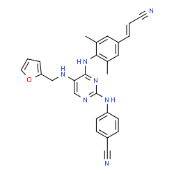 ChemSpider 2D Image | 4-({4-({4-[(E)-2-Cyanovinyl]-2,6-dimethylphenyl}amino)-5-[(2-furylmethyl)amino]-2-pyrimidinyl}amino)benzonitrile | C27H23N7O