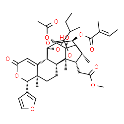 ChemSpider 2D Image | (1S,4R,5R,10R,14S,15S,16R,18S,19S,20R,22S)-15-Acetoxy-12-sec-butyl-5-(3-furyl)-16-hydroxy-19-(2-methoxy-2-oxoethyl)-4,18,20-trimethyl-7-oxo-6,11,13,21-tetraoxaheptacyclo[10.8.1.1~15,18~.0~1,10~.0~4,9~
.0~10,14~.0~16,20~]docos-8-en-22-yl (2E)-2-methyl-2-butenoate | C39H48O13