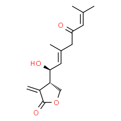 ChemSpider 2D Image | (4S)-4-[(1S,2E)-1-Hydroxy-3,7-dimethyl-5-oxo-2,6-octadien-1-yl]-3-methylenedihydro-2(3H)-furanone | C15H20O4