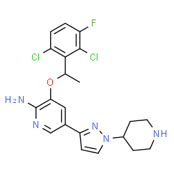 ChemSpider 2D Image | 3-[1-(2,6-Dichloro-3-fluorophenyl)ethoxy]-5-[1-(4-piperidinyl)-1H-pyrazol-3-yl]-2-pyridinamine | C21H22Cl2FN5O