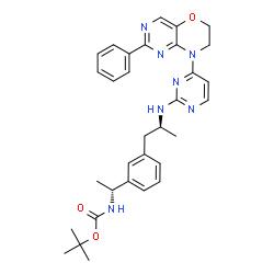 ChemSpider 2D Image | 2-Methyl-2-propanyl [(1R)-1-{3-[(2S)-2-{[4-(2-phenyl-6,7-dihydro-8H-pyrimido[5,4-b][1,4]oxazin-8-yl)-2-pyrimidinyl]amino}propyl]phenyl}ethyl]carbamate | C32H37N7O3