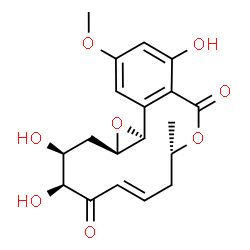 ChemSpider 2D Image | (1aS,8S,10E,13S,14S,15aR)-5,13,14-Trihydroxy-3-methoxy-8-methyl-8,9,13,14,15,15a-hexahydro-6H-oxireno[k][2]benzoxacyclotetradecine-6,12(1aH)-dione | C19H22O8
