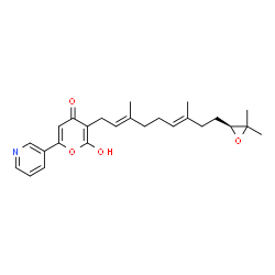 ChemSpider 2D Image | 3-{(2E,6E)-9-[(2S)-3,3-Dimethyl-2-oxiranyl]-3,7-dimethyl-2,6-nonadien-1-yl}-2-hydroxy-6-(3-pyridinyl)-4H-pyran-4-one | C25H31NO4