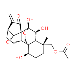 ChemSpider 2D Image | (1beta,5beta,6beta,7alpha,8alpha,9beta,10alpha,13alpha,14R)-1,6,7,14-Tetrahydroxy-15-oxo-7,20-epoxykaur-16-en-18-yl acetate | C22H30O8
