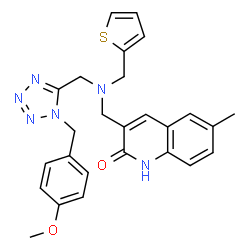ChemSpider 2D Image | 3-{[{[1-(4-Methoxybenzyl)-1H-tetrazol-5-yl]methyl}(2-thienylmethyl)amino]methyl}-6-methyl-2(1H)-quinolinone | C26H26N6O2S