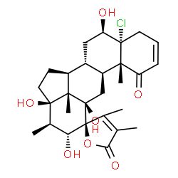 ChemSpider 2D Image | (5alpha,6beta,12alpha,17alpha,22R,23S)-5-Chloro-6,12,17,22-tetrahydroxy-23,26-epoxy-12,23-cycloergosta-2,24-diene-1,26-dione | C28H37ClO7