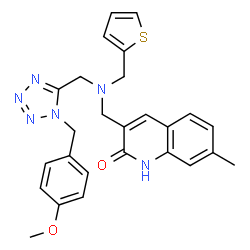 ChemSpider 2D Image | 3-{[{[1-(4-Methoxybenzyl)-1H-tetrazol-5-yl]methyl}(2-thienylmethyl)amino]methyl}-7-methyl-2(1H)-quinolinone | C26H26N6O2S
