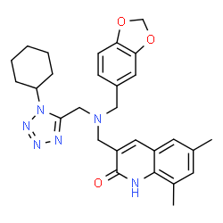ChemSpider 2D Image | 3-({(1,3-Benzodioxol-5-ylmethyl)[(1-cyclohexyl-1H-tetrazol-5-yl)methyl]amino}methyl)-6,8-dimethyl-2(1H)-quinolinone | C28H32N6O3