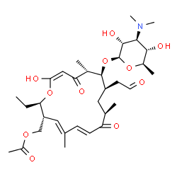 ChemSpider 2D Image | [(2R,3R,4E,6E,9R,11R,12S,13R,15Z)-12-{[3,6-Dideoxy-3-(dimethylamino)-beta-D-glucopyranosyl]oxy}-2-ethyl-16-hydroxy-5,9,13-trimethyl-8,14-dioxo-11-(2-oxoethyl)oxacyclohexadeca-4,6,15-trien-3-yl]methyl 
acetate | C33H51NO11