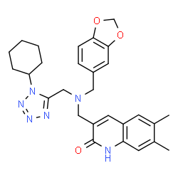 ChemSpider 2D Image | 3-({(1,3-Benzodioxol-5-ylmethyl)[(1-cyclohexyl-1H-tetrazol-5-yl)methyl]amino}methyl)-6,7-dimethyl-2(1H)-quinolinone | C28H32N6O3