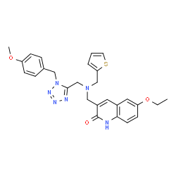 ChemSpider 2D Image | 6-Ethoxy-3-{[{[1-(4-methoxybenzyl)-1H-tetrazol-5-yl]methyl}(2-thienylmethyl)amino]methyl}-2(1H)-quinolinone | C27H28N6O3S