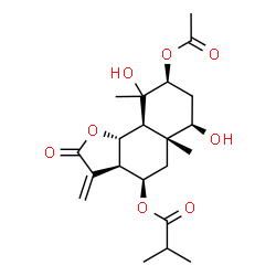 ChemSpider 2D Image | (3aR,4R,5aR,6R,8S,9aS,9bS)-8-Acetoxy-6,9-dihydroxy-5a,9-dimethyl-3-methylene-2-oxododecahydronaphtho[1,2-b]furan-4-yl 2-methylpropanoate | C21H30O8