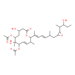 ChemSpider 2D Image | (4E)-7,10-Dihydroxy-2-{(2E,4E)-7-[3-(3-hydroxy-2-pentanyl)-2-oxiranyl]-6-methyl-2,4-heptadien-2-yl}-3,7-dimethyl-12-oxooxacyclododec-4-ene-6,8-diyl diacetate | C32H50O10