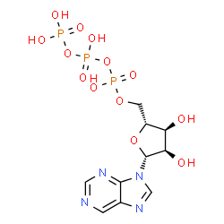 ChemSpider 2D Image | 9-[5-O-(Hydroxy{[hydroxy(phosphonooxy)phosphoryl]oxy}phosphoryl)-beta-D-ribofuranosyl]-9H-purine | C10H15N4O13P3