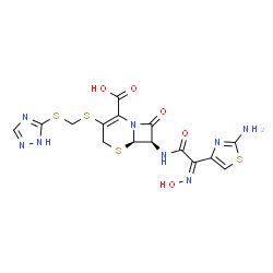 ChemSpider 2D Image | (6R,7R)-7-{[(2Z)-2-(2-Amino-1,3-thiazol-4-yl)-2-(hydroxyimino)acetyl]amino}-8-oxo-3-{[(1H-1,2,4-triazol-5-ylsulfanyl)methyl]sulfanyl}-5-thia-1-azabicyclo[4.2.0]oct-2-ene-2-carboxylic acid | C15H14N8O5S4