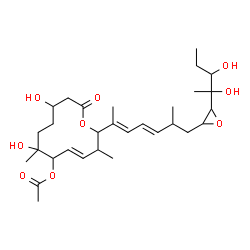 ChemSpider 2D Image | 1-{(3E,5E)-6-[(4E)-6-Acetoxy-7,10-dihydroxy-3,7-dimethyl-12-oxooxacyclododec-4-en-2-yl]-2-methyl-3,5-heptadien-1-yl}-1,2-anhydro-5,6-dideoxy-3-C-methylhexitol | C30H48O9