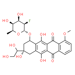 ChemSpider 2D Image | (3S)-3-(1,2-Dihydroxyethyl)-3,5,12-trihydroxy-10-methoxy-6,11-dioxo-1,2,3,4,6,11-hexahydro-1-tetracenyl 2,6-dideoxy-2-fluoro-alpha-L-talopyranoside | C27H29FO12